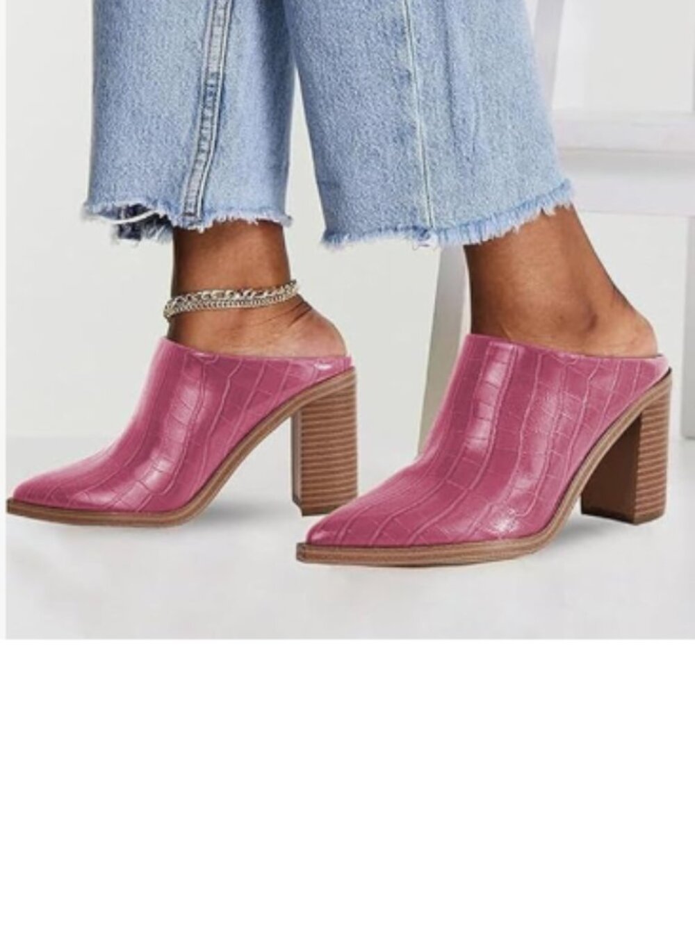 FOWT Crocodile Violet Red Pointed Toe Slip On Mules Stacked Block Heel Sandal